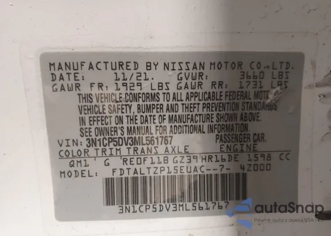 2021 Nissan Kicks Sr Xtronic Cvt z USA, uszkodzony, nr VIN 3N1CP5DV3ML561767